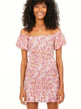 H&M Smocked Off-the-shoulder Mini Floral Dress Size L NWT